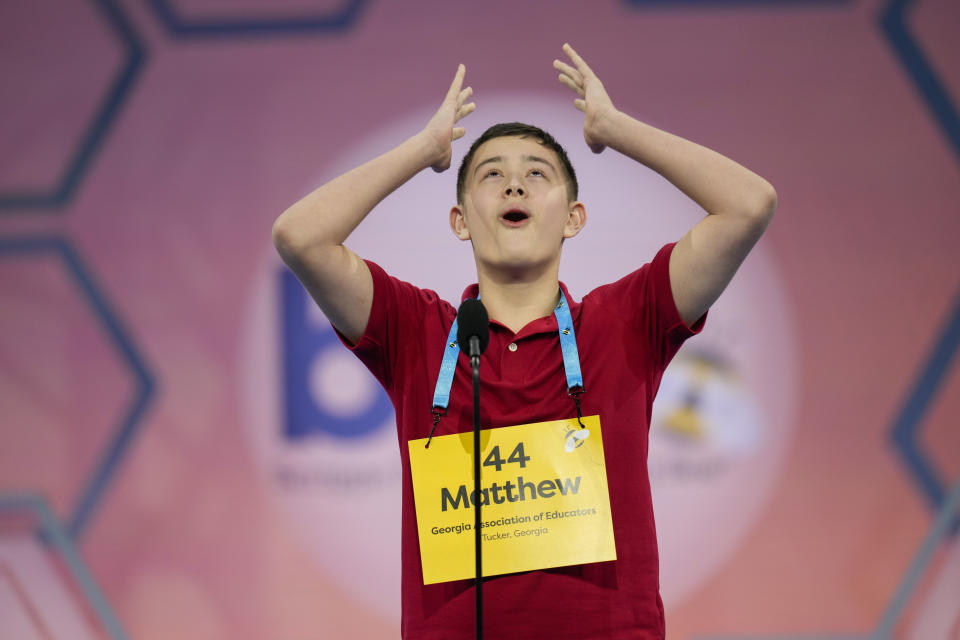 Matthew Baber, 13, from Peachtree City, Ga., reacts as he competes during the Scripps National Spelling Bee, Tuesday, May 30, 2023, in Oxon Hill, Md. (AP Photo/Alex Brandon)