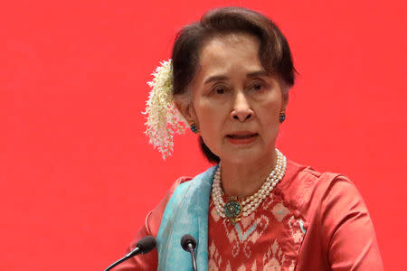 FILE PHOTO: Myanmar's State Counsellor Aung San Suu Kyi attends Invest Myanmar in Naypidaw, Myanmar, January 28, 2019. REUTERS/Ann Wang/File Photo