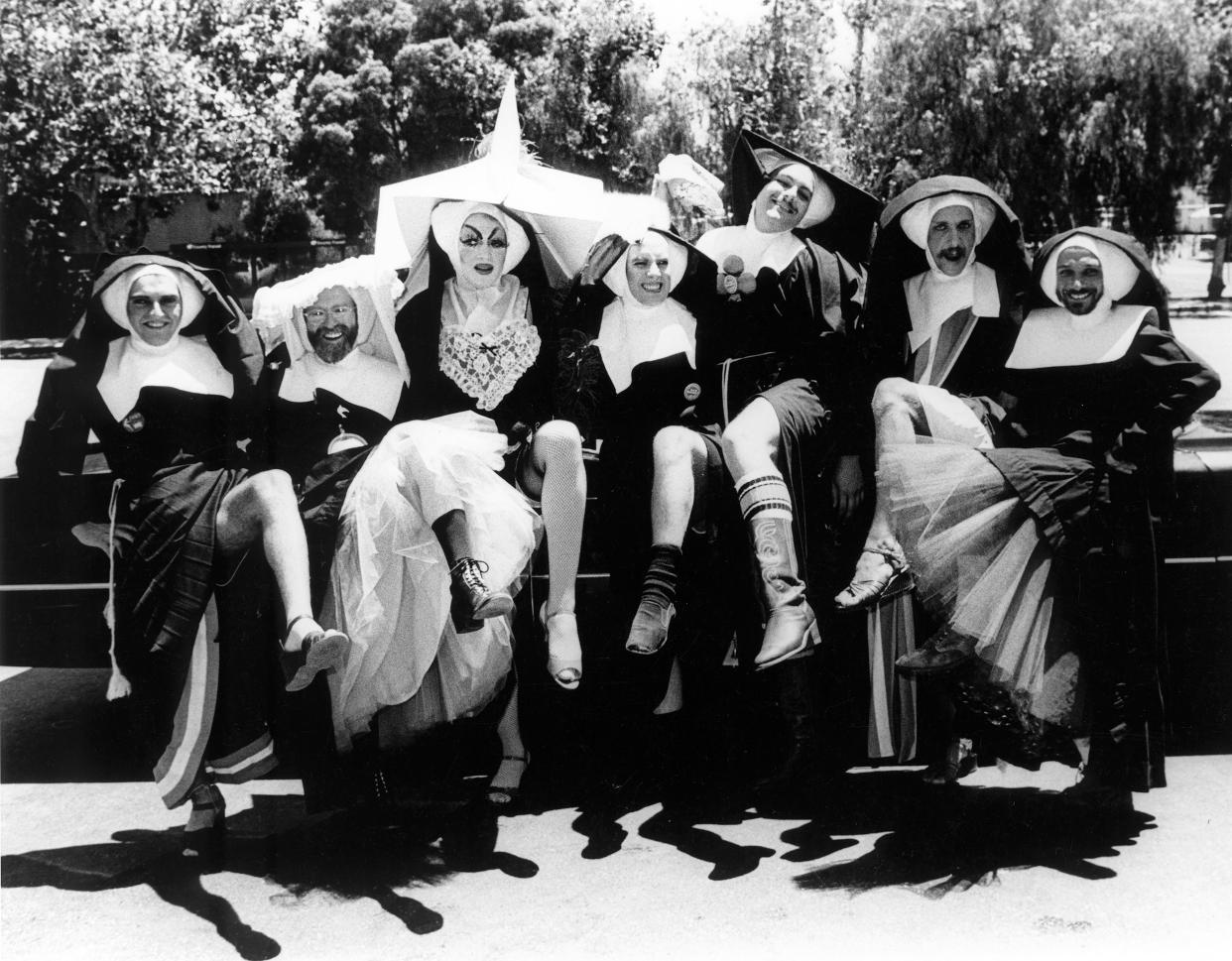 The Sisters of Perpetual Indulgence do the can-can. (Ted Sahl Archives / San José State University Library Special Collections & Archives.)