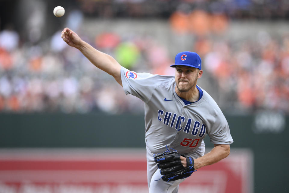 Chicago Cubs starting pitcher Jameson Taillon throws during the first inning of a baseball game against the Baltimore Orioles, Tuesday, July 9, 2024, in Baltimore. (AP Photo/Nick Wass)