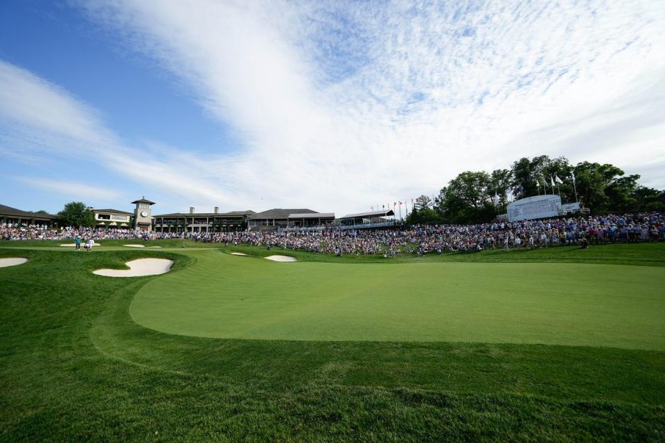 Jun 8, 2024; Dublin, Ohio, USA; A general view of the 18th green as Scottie Scheffler and Adam Hadwin play their round during the third round of the Memorial Tournament at Muirfield Village Golf Club. Mandatory Credit: Adam Cairns-USA TODAY Sports