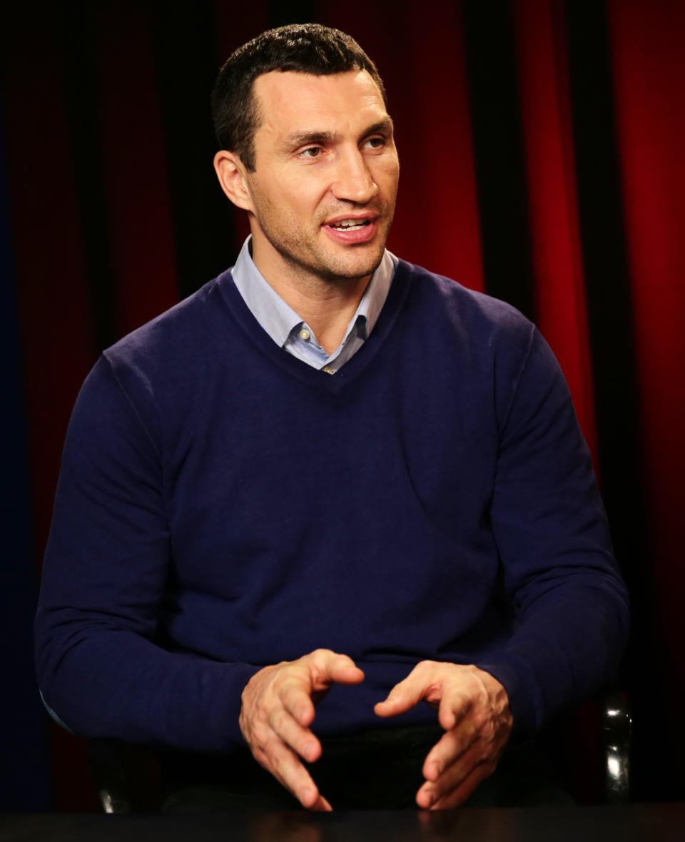 Heavyweight boxer Wladimir Klitschko speaks during an interview at the Associated Press in New York, Monday, Feb. 3, 2014. Klitschko will face Alex Leapai, a native of Samoa who lives in Australia, on April 26, 2014 in Oberhausen, Germany. (AP Photo/Peter Morgan)