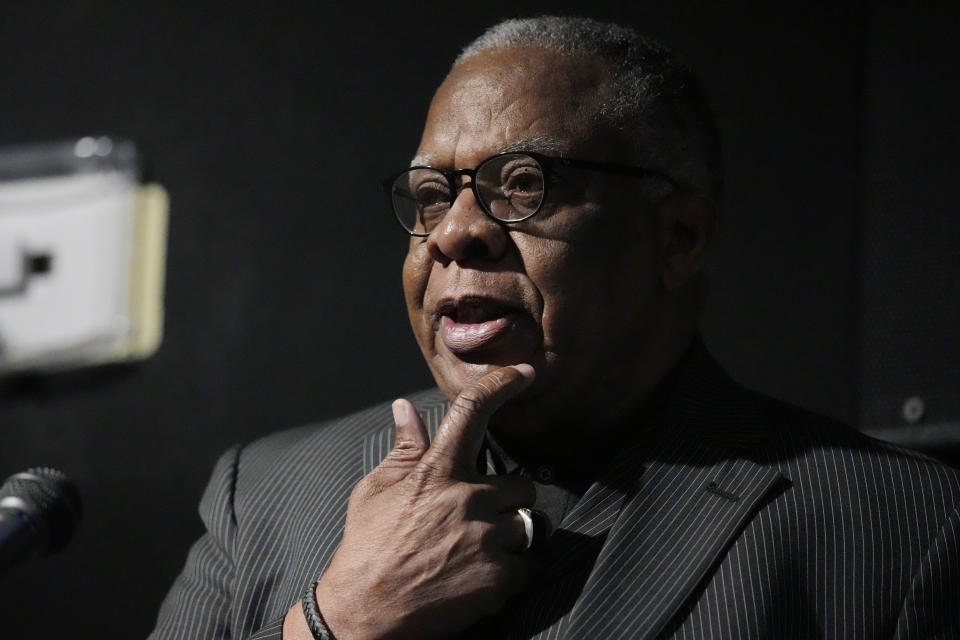 Vicksburg Mayor George Flaggs speaks during a ceremony at Vicksburg National Military Park on Feb. 17, 2024, in Vicksburg, Miss. The National Park Service has broadened how it presents history in the military park to include more information about Black soldiers who fought for the Union in the Civil War. (AP Photo/Rogelio V. Solis)