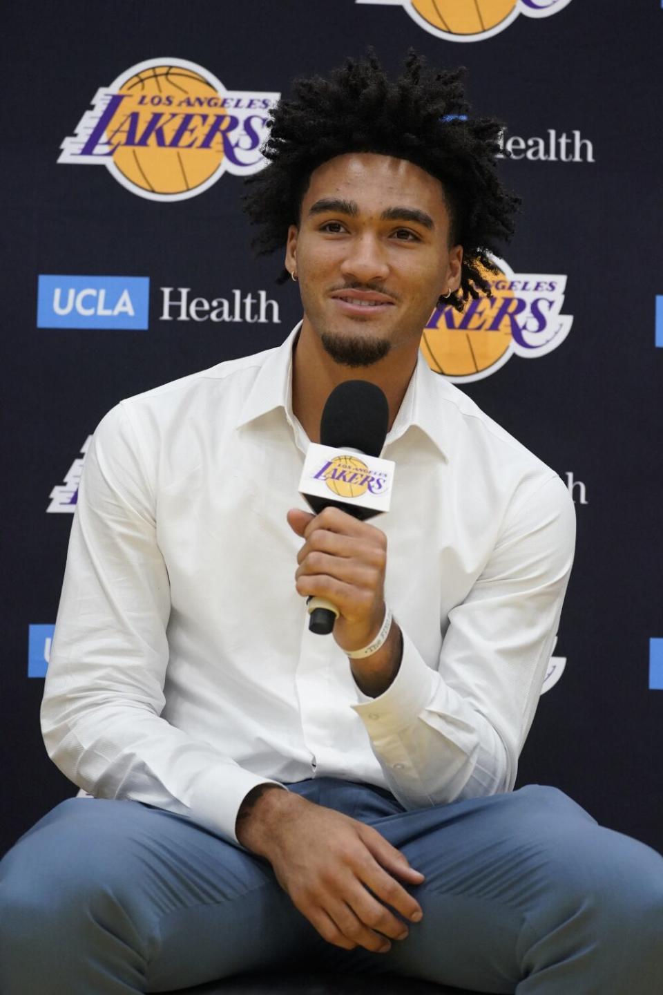 Lakers rookie Jalen Hood-Schifino addresses the media Tuesday at the team's El Segundo training facility.