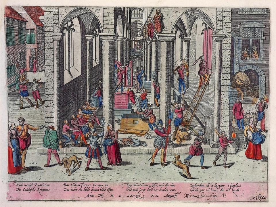 The ivory sculptures were removed from their ecclesiastical home during the Reformation. It was a phenomenon which took place throughout much of Europe. This image shows Protestants using ropes to bring down a series of sculptures in a church in Antwerp in the mid 16th century. But scenes in England would have been similar (Supplied)