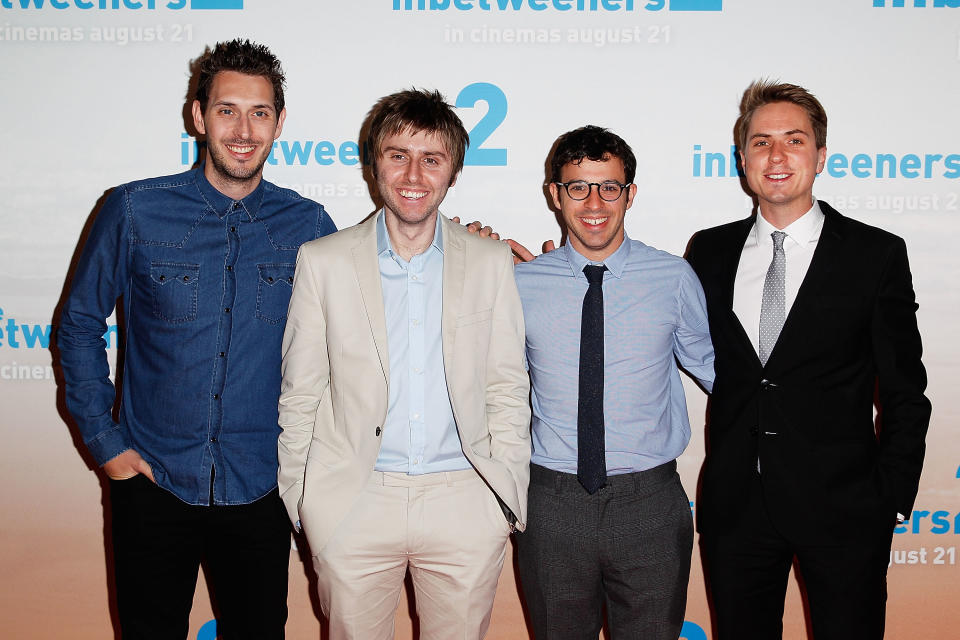 Blake Harrison, James Buckley, Simon Bird and Joe Thomas arrive at the premier of The Inbetweeners 2 at Event Cinemas George Street on August 13, 2014 in Sydney, Australia.  The Inbetweeners 2 will be released on 21 August 2014.  (Photo by Brendon Thorne/Getty Images)