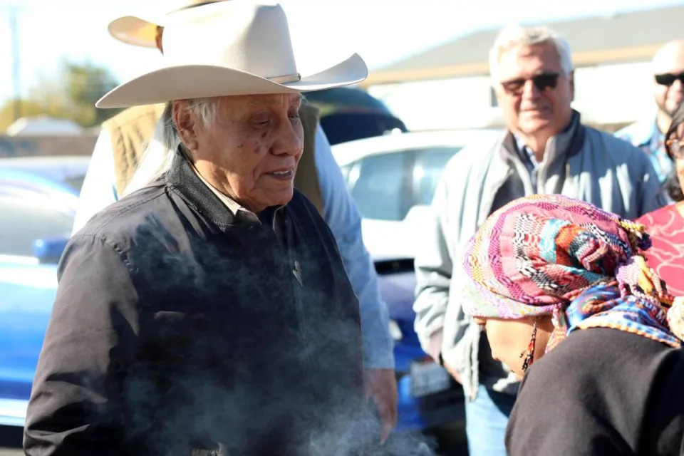 Rudy Arredondo, founder and president of Latino Farmers and Ranchers International during a housing land blessing ceremony lead by Grupo Tonalkalko from Fresno on Thursday (Dec. 7) at Huron Park Estates to celebrate the collaboration and partnership between Latino Farmers & Ranchers International with Western Fiber company for the farmworker housing project.