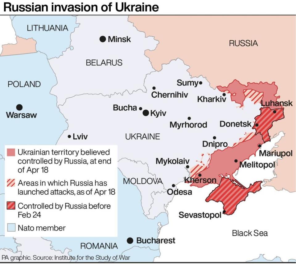 This map shows the extent of the Russian invasion of Ukraine (PA)