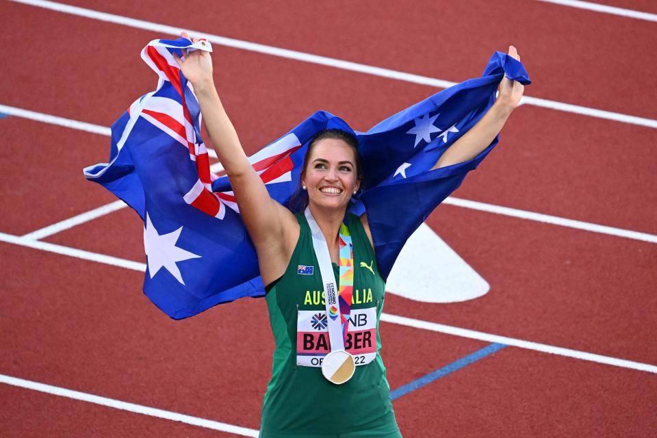 Kelsey-Lee Barber, pictured here celebrating with her medal after winning gold in the women's javelin.