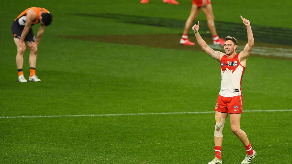 Will Hayward, pictured here celebrating after the Sydney Swans thrashed GWS in the AFL.