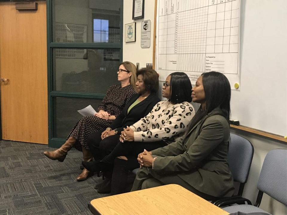 At a Jan. 3, 2023 water outage press conference (from left to right) Mayor Esther Manheimer, Vice Mayor Sandra Kilgore, and councilmembers Sheneika Smith and Antanette Mosley sit during opening remarks.