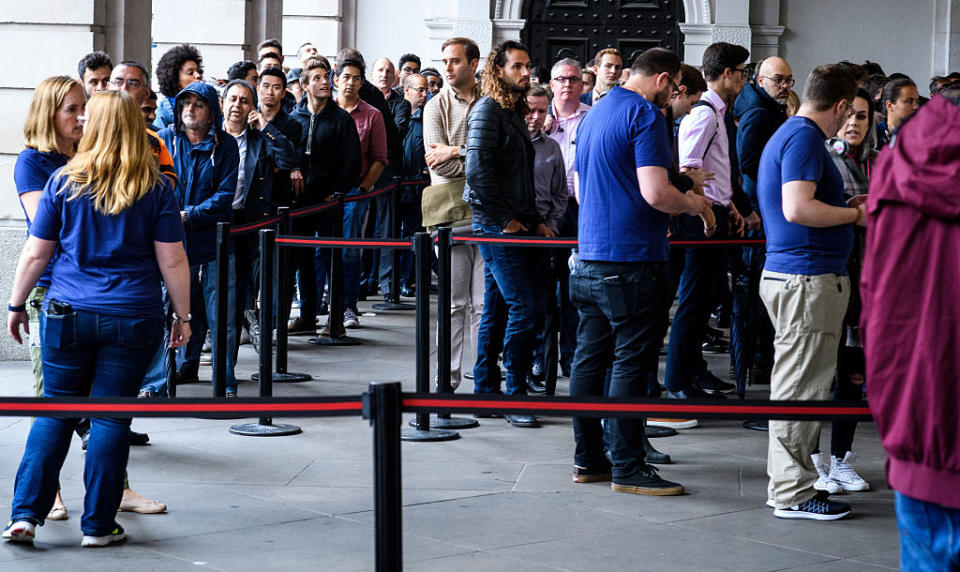 LONDON, UNITED KINGDOM - 2016/09/16: London's flagship Apple store at Covent Garden has told customers that supply shortages mean they will not be able to buy any iPhones. This did not stop eager queuers. The other flagship London Apple Store on Regent Street is closed for refurbishment. (Photo by Hugh Peterswald/Pacific Press/LightRocket via Getty Images)