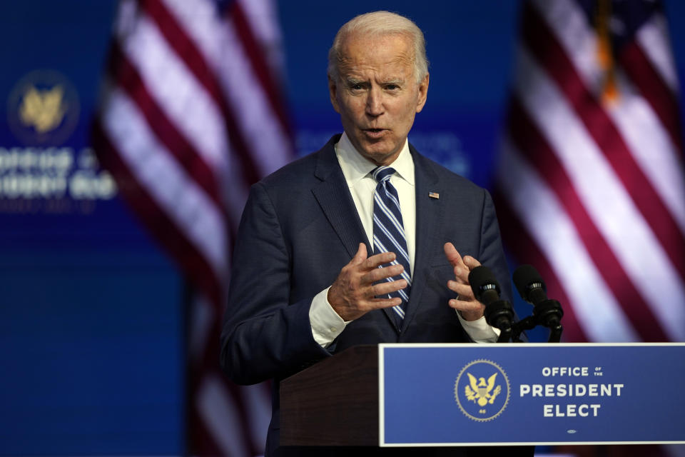 President-elect Joe Biden speaks Tuesday, Nov. 10, 2020, at The Queen theater in Wilmington, Del. (AP Photo/Carolyn Kaster)