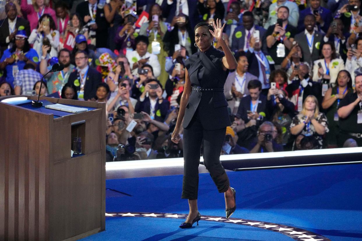 Former First Lady Michelle Obama speaks during the second day of the Democratic National Convention at the United Center Tuesday.