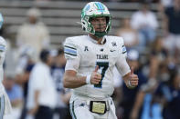 Tulane quarterback Michael Pratt gestures near the end of an NCAA college football game against Rice, Saturday, Oct. 28, 2023, in Houston. (AP Photo/Eric Christian Smith)