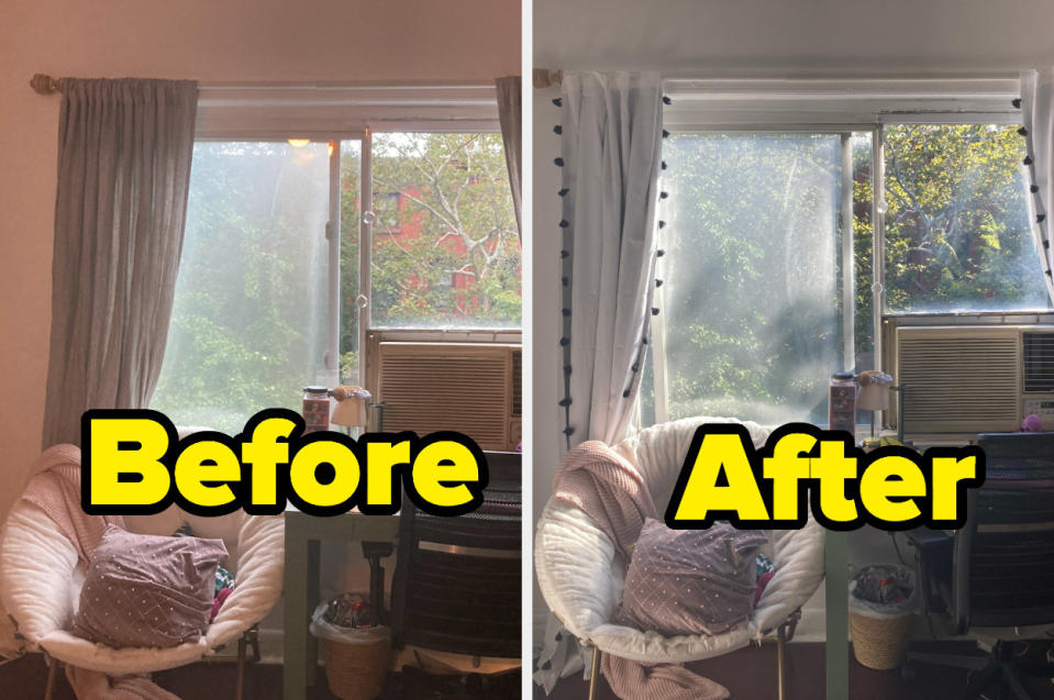 Before and after pic of a window with different curtains.
