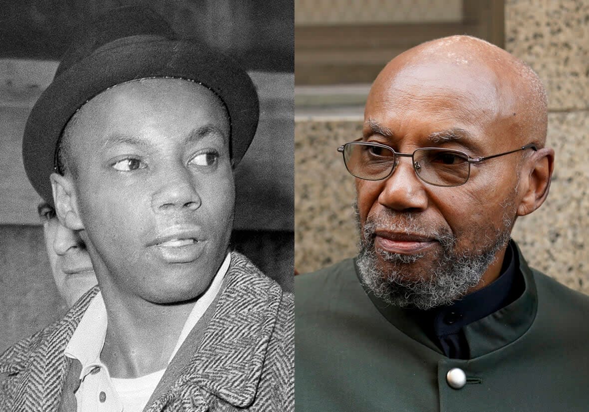 FThis combination photo shows Muhammad Aziz, a suspect in the slaying of Malcolm X, after his arrest, in New York, on Feb. 26, 1965, left, and Aziz outside court after his conviction in the killing of Malcolm X was vacated on Nov. 18, 2021, in New York. (AP Photo/File)