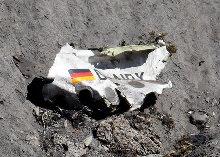 Wreckage of the Airbus A320 is seen at the site of the crash, near Seyne-les-Alpes, French Alps March 26, 2015. REUTERS/Emmanuel Foudrot