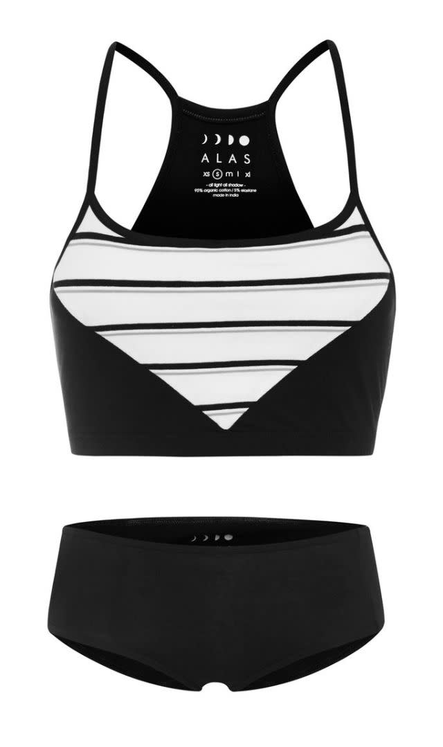 <p>Black Stripe Basic Bralette, $28; Black Underpants, $18; both <a rel="nofollow noopener" href="https://alasthelabel.com/collections/sleep/products/black-underpants" target="_blank" data-ylk="slk:alasthelabel.com;elm:context_link;itc:0;sec:content-canvas" class="link "><u>alasthelabel.com</u></a>. </p>