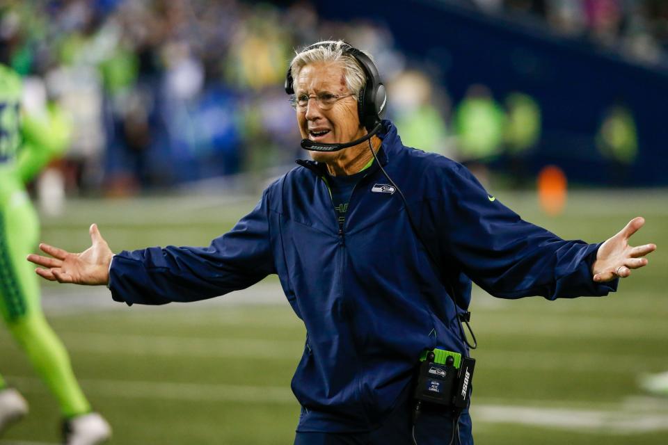 Seattle Seahawks head coach Pete Carroll reacts to a play against the Los Angeles Rams during the fourth quarter at Lumen Field.