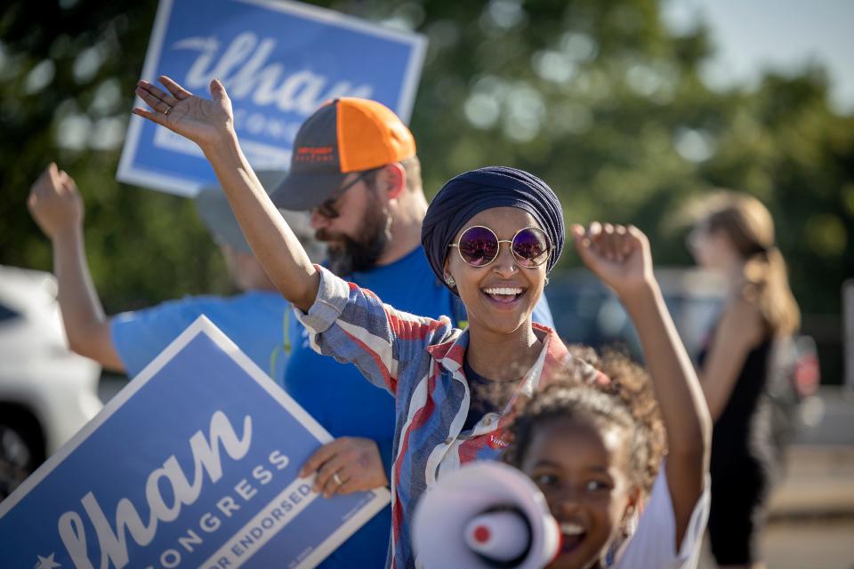 U.S. Rep. Ilhan Omar, D-Minn., campaigns in Minneapolis on Aug. 9, 2022.