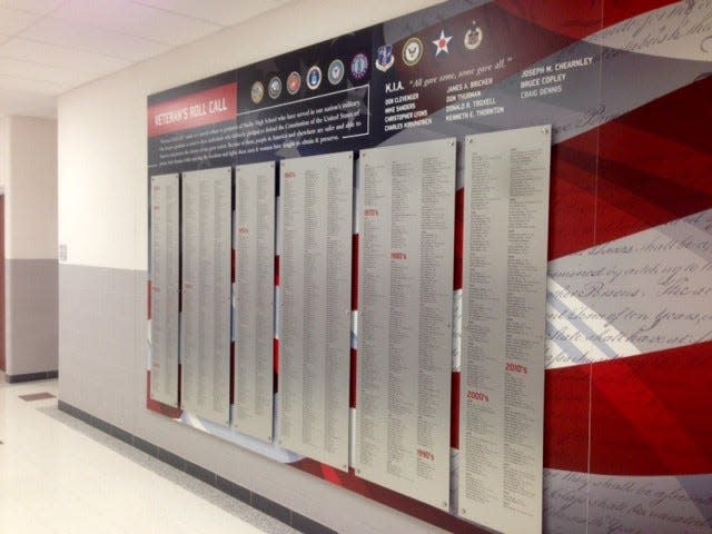 Shelby High School's Veterans Roll Call Memorial honoring graduates who served in the military is featured on a wall in the school's main hallway. School officials want to update that list in time for the All-Alumni Weekend Oct. 4-6.