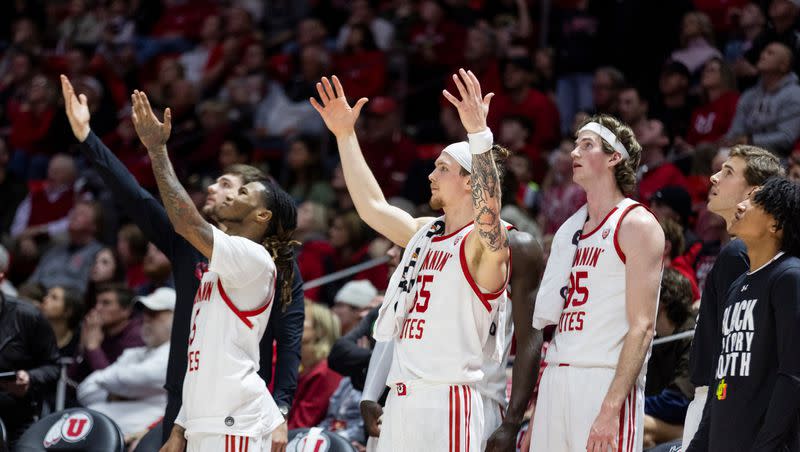 University of Utah Utes react to a play during a game against the Arizona State Sun Devils at the Huntsman Center in Salt Lake City on Saturday, Feb. 10, 2023.