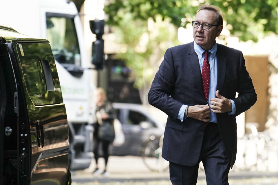 Actor Kevin Spacey arrives at Southwark Crown Court where he is accused of sexual offenses against four men in Britain, in London, Monday July 3, 2023. The actor, charged under his full name of Kevin Spacey Fowler, has pleaded not guilty to all 12 counts, which relate to alleged incidents between 2001 and 2013. (Jordan Pettitt/PA via AP)