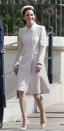 <p>In a cream Catherine Walker coat while attending Easter Day service at St George's Chapel in Windsor, England.</p>