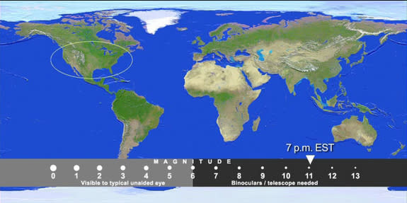 This still from a NASA video depicts the area of North America where asteroid 2012 DA14 may be visible in amateur astronomers' telescopes at 7 p.m. EST and 10 p.m. EST on Feb. 15, 2013. The asteroid will be faint and fast, making it hard to spo