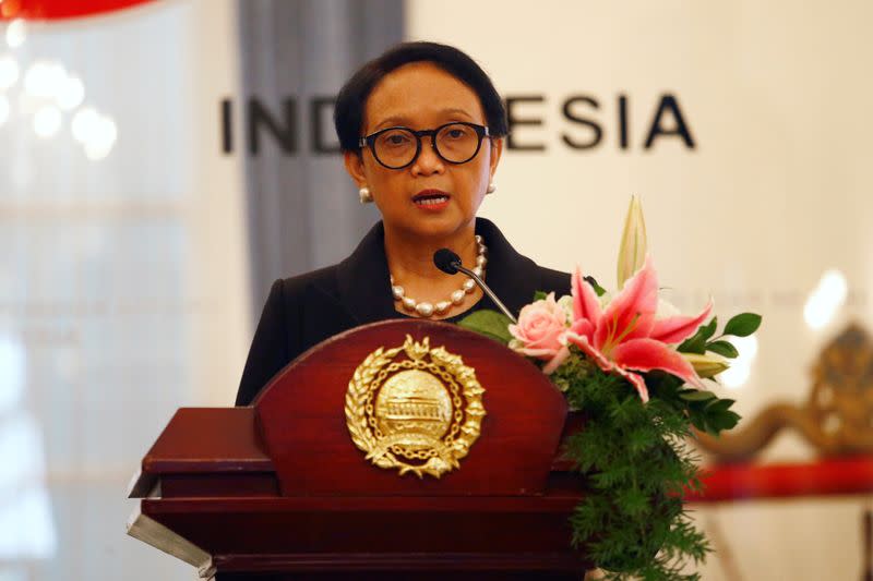 FILE PHOTO: Indonesia’s Foreign Minister Retno Marsudi delivers her speech during a press briefing with Japanese Foreign Minister Toshimitsu Motegi in Jakarta, Indonesia