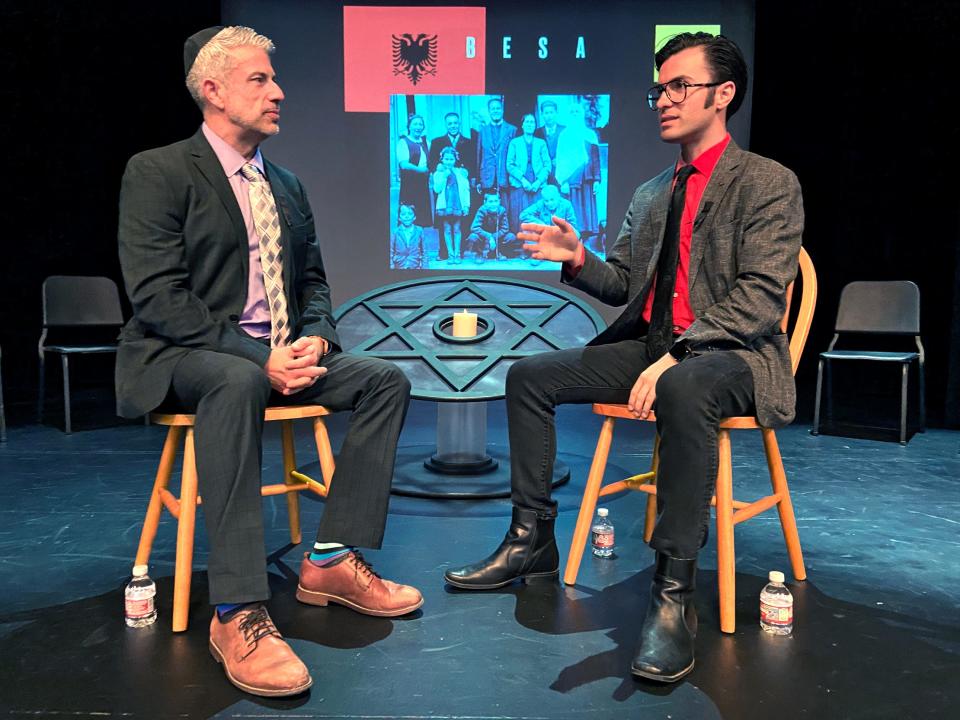 Moderator Michael Baron talks with Albanian-American Andi Dema as part of the Jewish Federation of Greater Oklahoma City's 2023 Yom HaShoah Holocaust Remembrance Program at Heritage Hall. The 2024 event will be May 5 at Bishop McGuinness High School. (Credit: Carla Hinton/The Oklahoman)