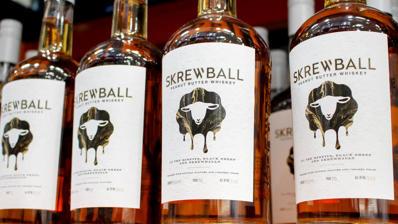 Bottles of Skrewball on a shelf