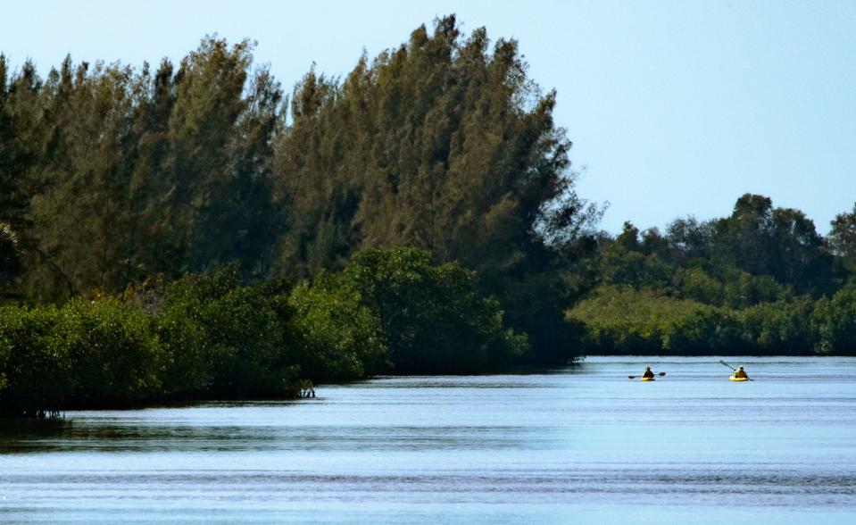 Kayakers paddle south along the adjacent canal to the empty lots of the area known as the Seven Island project Thursday, February 24, 2022. The city of Cape Coral is working with Forest Development Acquisition LLC to develop the long planned Seven Island project on a 47-acres property located along Old Burnt Store Road North. They are bringing a mixed-use development to northwest Cape Coral. 