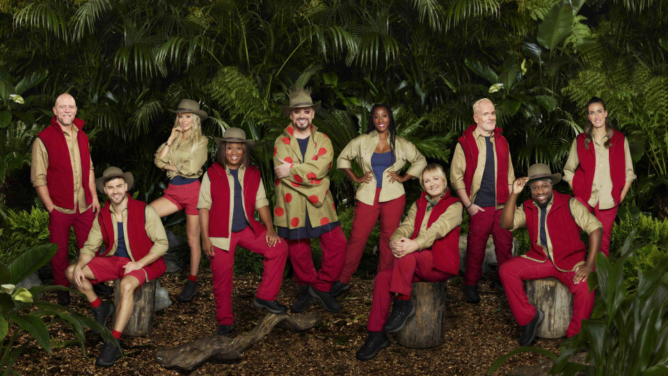 Mike Tindall MBE,, Owen Warner, Olivia Attwood, Charlene White, Boy George, Chantelle Douglas, Sue Cleaver, Chris Moyles, Babatúndé Aléshé and Jill Scott MBE decked out in the jungle gear for I'm A Celeb 2022