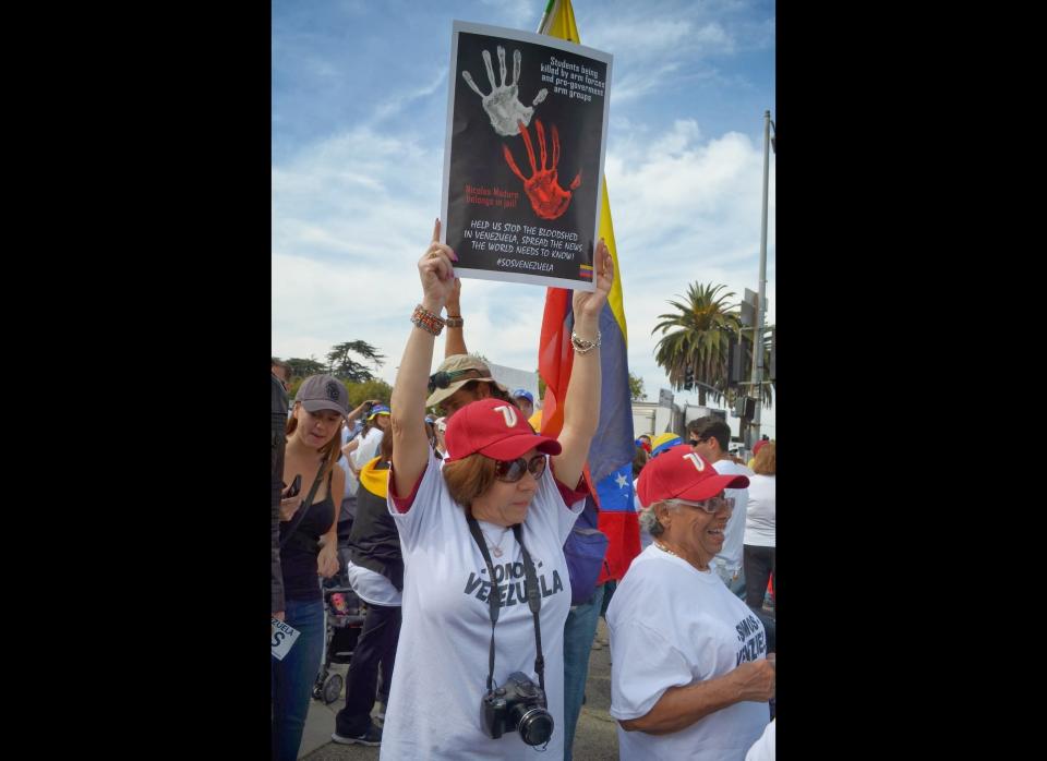 Mylene Feo of Whittier participates in the demonstration along Veteran Avenue in Los Angeles, California.