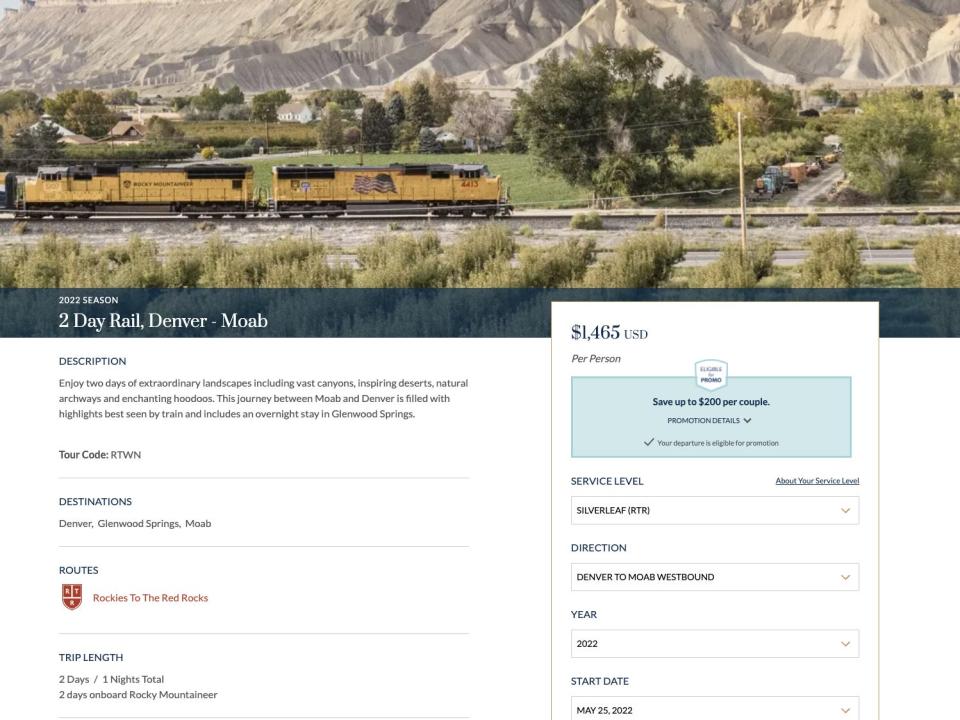 A screenshot of the Rocky Mountaineer's booking page.