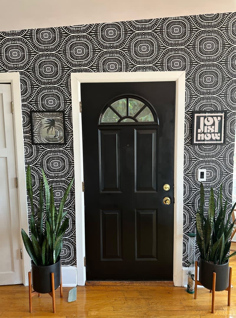 Black and white graphic wall paper around a black doorway flanked with plants.