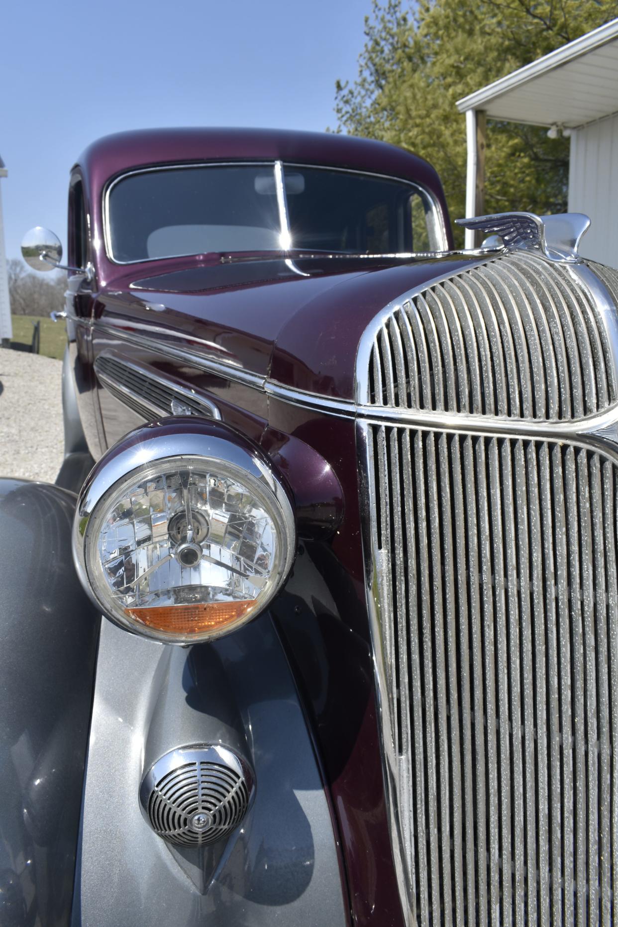 Pat Conder's 1936 Chrysler Airstream Deluxe, from the front, parked at his farm in Owen County