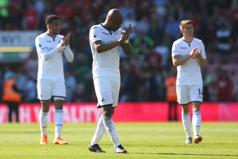Dejected Swansea players at the end of the game is now a familiar sight