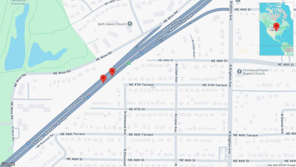 A detailed map that shows the affected road due to 'Broken down vehicle on northbound I-35 in Kansas City' on September 15th at 9:19 p.m.