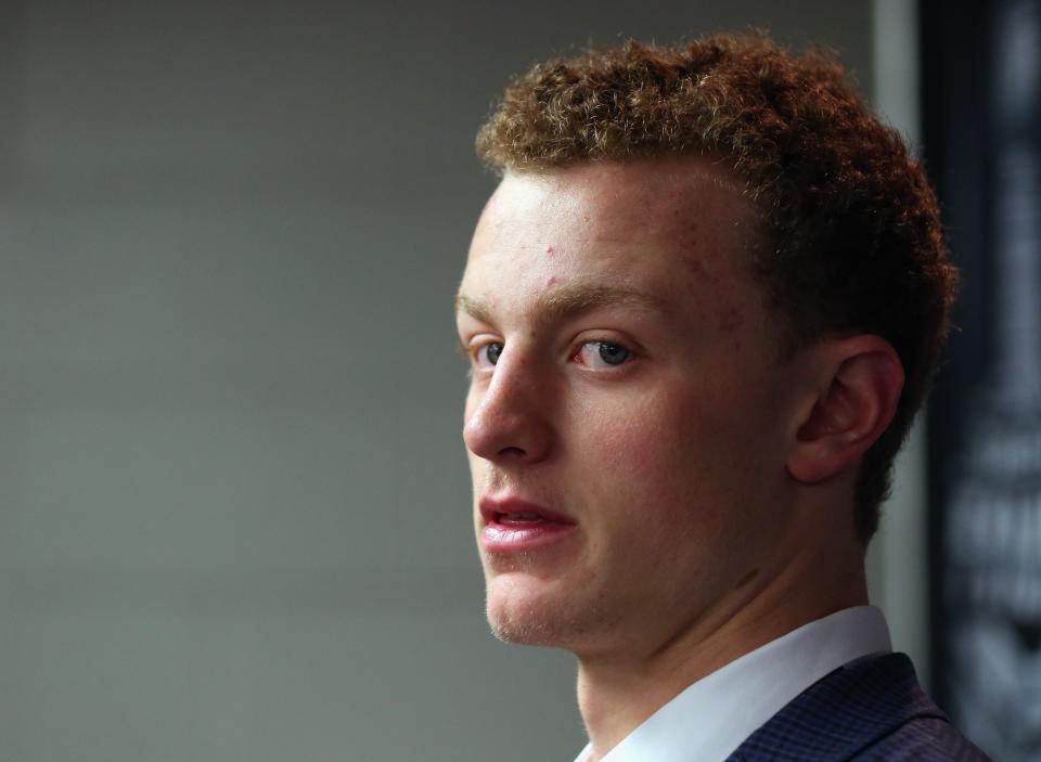 CHICAGO, IL - JUNE 08: Upcoming NHL draft pick Jack Eichel speaks with the media during media availability at United Center on June 8, 2015 in Chicago, Illinois. (Photo by Bruce Bennett/Getty Images)