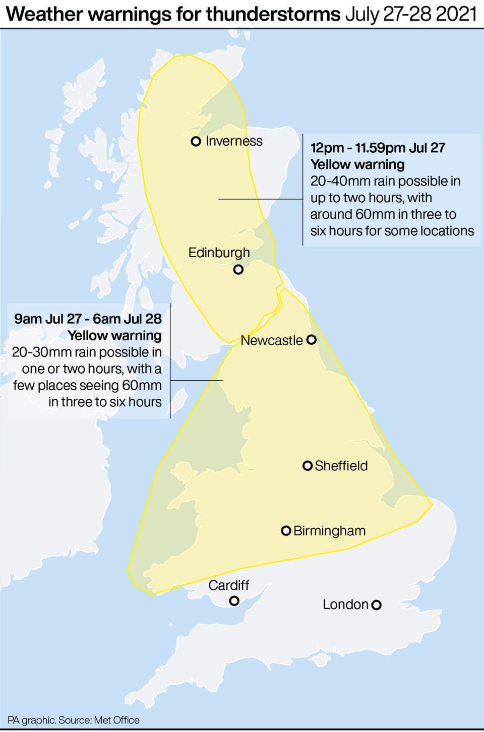 Weather warnings for thunderstorms (PA Graphics) (PA Graphics)