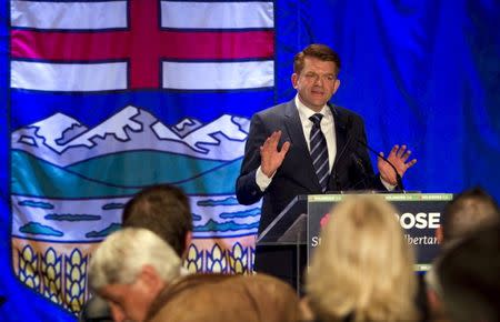 FILE PICTURE: Wildrose party leader Brian Jean speaks to supporters after being declared leader of the opposition in the Alberta election in Fort McMurray, Alberta May 5, 2015. REUTERS/Ben Nelms