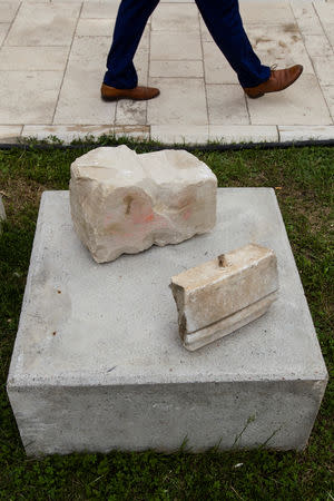 Stones from the old Aladza Mosque, that was demolished at the beginning of the Bosnian war, are seen in Foca, Bosnia and Herzegovina, May 4, 2019. REUTERS/Stevo Vasiljevic
