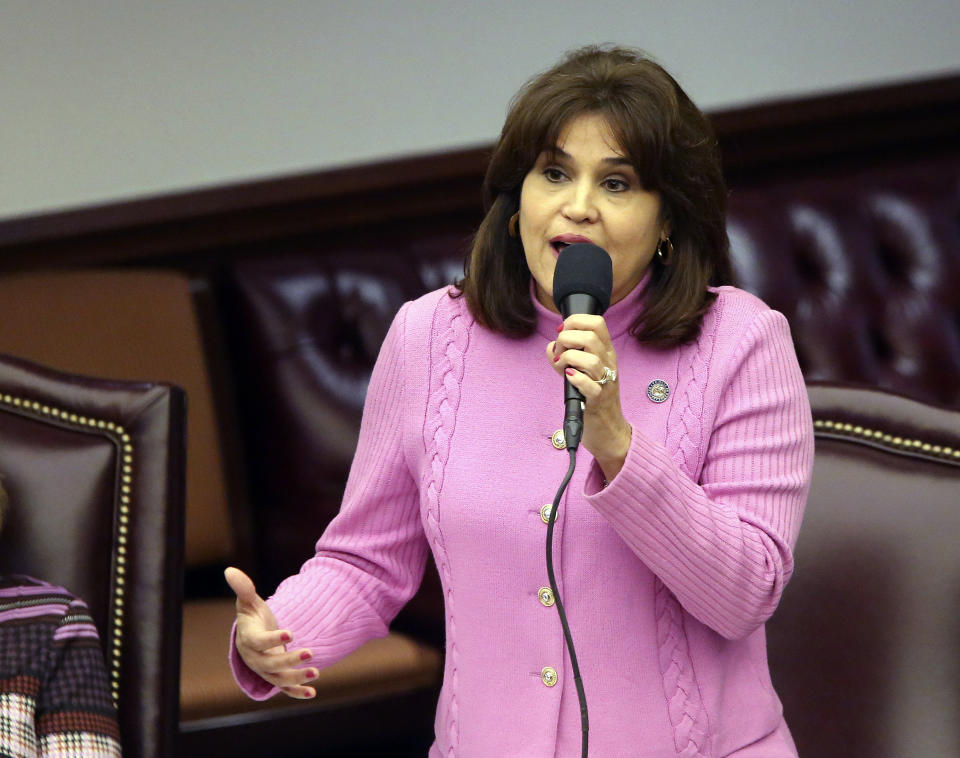 Sen. Annette Taddeo, D-Miami, speaks during a Senate special session concerning Florida Gov. Ron DeSantis' dismissal of Broward County Sheriff Scott Israel, Wednesday Oct. 23, 2019, in Tallahassee, Fla. (AP Photo/Steve Cannon)