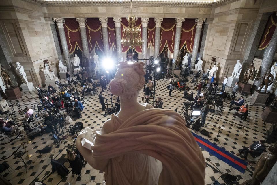 Statuary Hall, near the House floor, is set up for news media for the State of the Union address by President Donald Trump, on Capitol Hill, Tuesday, Feb. 4, 2020 in Washington. (AP Photo/Alex Brandon)