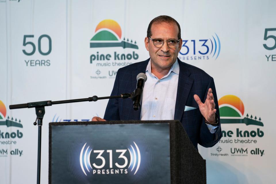 Howard Handler, 313 Presents president, announces the 2022 summer concert season at Pine Knob, branding and beverage and food changes too, on Friday, May 20, 2022 at a news conference at Pine Knob Theatre.