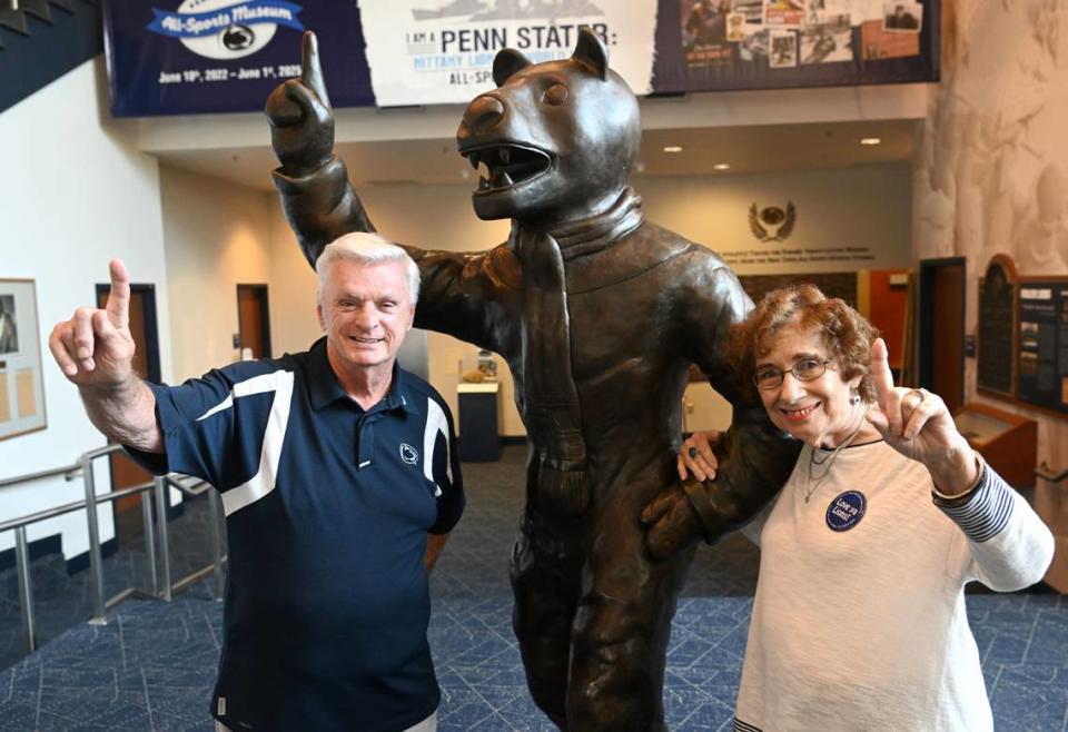 Glenn and Berni Sheaffer stand with the Nittany Lion mascot statue in the Penn State All-Sports Museum. The statue was donated by the Back the Lions group which the Sheaffer’s are members of and that is celebrating its 50th anniversary.