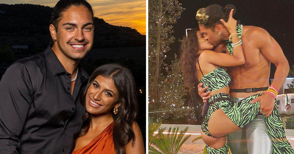 L: Claudia Bonifazio and Austen Bugeja on Love Island with a sunset in the background. R: Claudia Bonifazio and Austen Bugeja kissing on Love Island